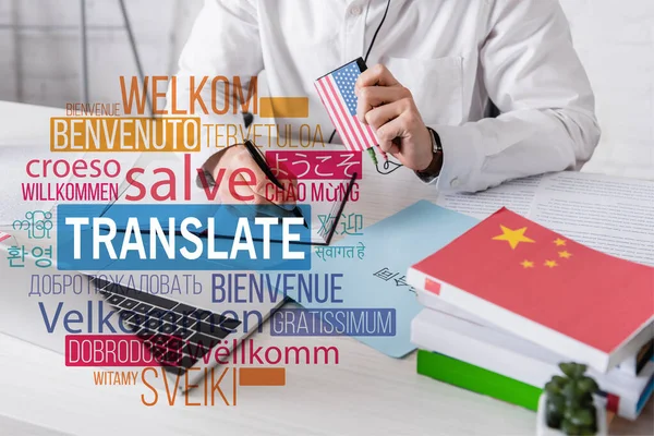 Partial view of interpreter holding digital translator and writing in notebook, translate lettering near words in different languages illustration. Translation: 