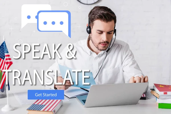 Interpreter in headset working with document near usa flag, speech bubbles near speak and translate lettering and get started icon illustration — Stock Photo