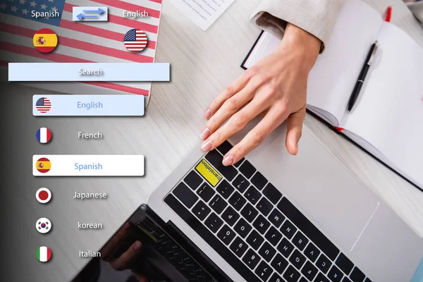 Partial view interpreter pressing translation key on laptop, illustration of translating application interface — Stock Photo