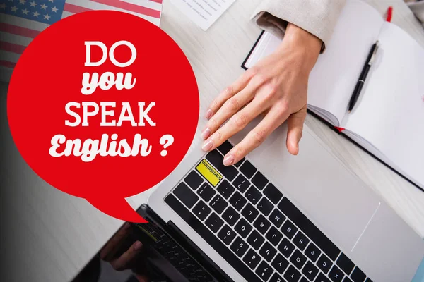 Partial view of interpreter pressing key with translation lettering, speech bubble with do you speak english question illustration — Stock Photo