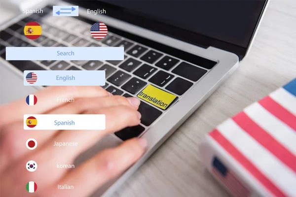 Cropped view of interpreter pressing translation key on laptop on blurred foreground, illustration of translating application interface — Stock Photo