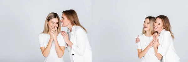 Cheerful mother whispering in ear of happy daughter and hugging together isolated on grey, collage — Stock Photo