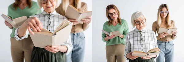 Collage of three generation of women in glasses reading books isolated on white — Stock Photo