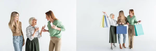 Collage di tre generazioni di donne stupite che tengono borse della spesa e smartphone su bianco — Foto stock