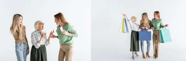 Collage de tres generaciones de mujeres asombradas sosteniendo bolsas de compras y teléfonos inteligentes en blanco - foto de stock