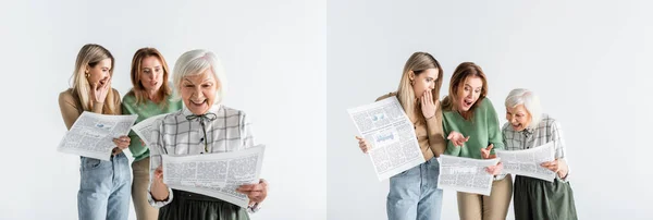 Collage de tres generaciones de mujeres asombradas leyendo periódicos aislados en blanco - foto de stock