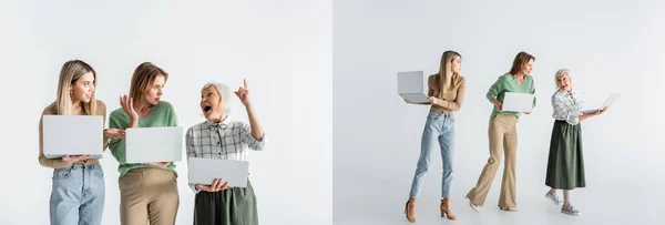 Колаж трьох поколінь жінок з ноутбуками на білому, банер — стокове фото