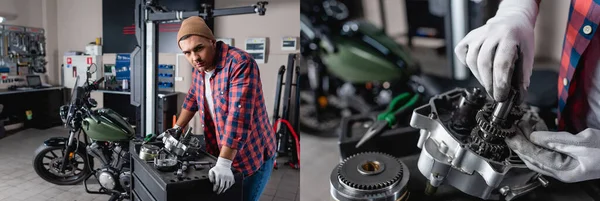 Collage von Mechanikern, die demontiertes Getriebe überprüfen und Kamera in Motorradnähe betrachten, Banner — Stockfoto