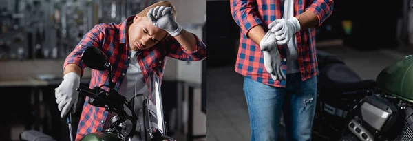 Collage of tired mechanic checking motorbike with screwdriver and putting on gloves, banner — Stock Photo