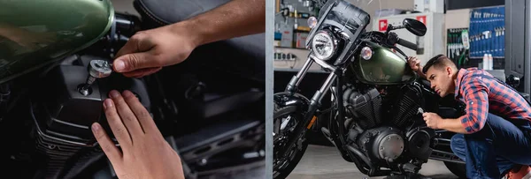 Колаж механіка з використанням гайкового ключа під час перевірки мотоцикла в майстерні, банер — стокове фото