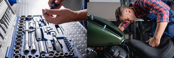 Collage de mecánico que sostiene el destornillador cerca de la caja de herramientas, y examinar la motocicleta en el taller, pancarta - foto de stock