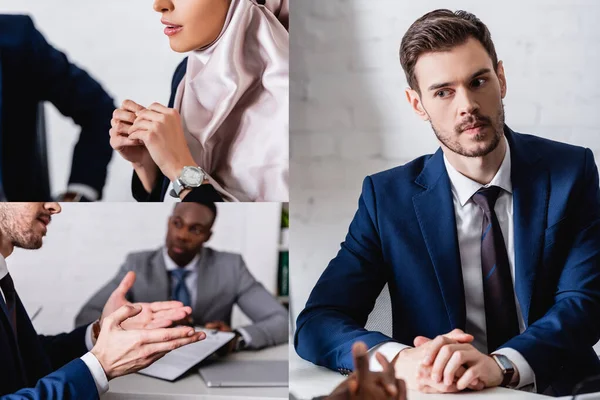 Collage of multicultural business partners having meeting with interpreter in office — Stock Photo