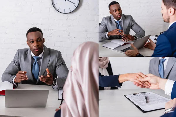 Collage of multicultural businesspeople talking and shaking hands near laptop and contract — Stock Photo