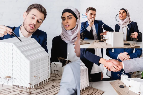 Collage of multicultural business partners shaking hands and pointing at building model and maquette of alternative energy station — Stock Photo