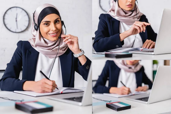 Колаж арабіанського інтерпретатора в навушниках, що вказують пальцем і пишуть в зошиті біля цифрового перекладача з емблемою прапора uae. — стокове фото