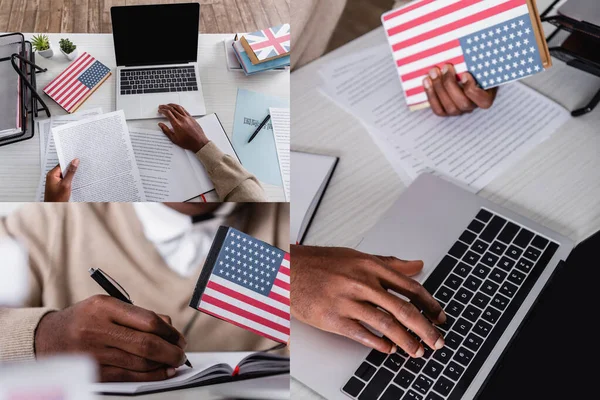 Collage eines afrikanisch-amerikanischen Dolmetschers, der mit Dokumenten, digitalen Übersetzern, Laptops und Wörterbüchern im Übersetzungsbüro arbeitet, beschnittene Ansicht — Stockfoto