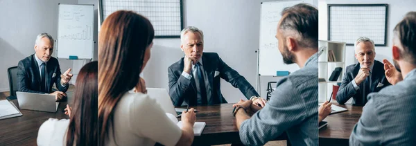 Collage reifer Investoren, die Geschäftsleute in der Nähe von Laptop und Papieren im Büro beraten, Banner — Stockfoto