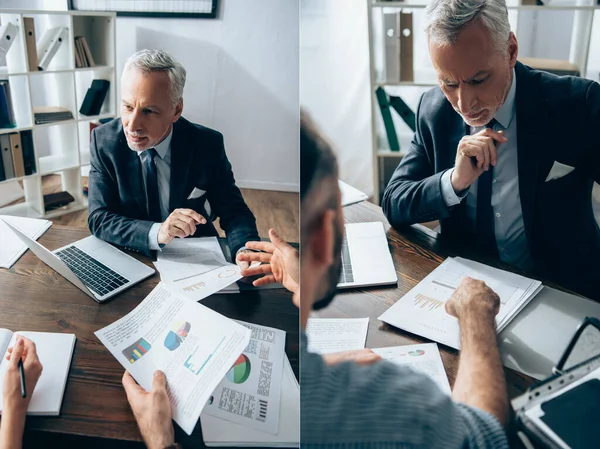 Collage di investitori maturi consulenza uomini d'affari vicino laptop e scartoffie sul tavolo — Foto stock