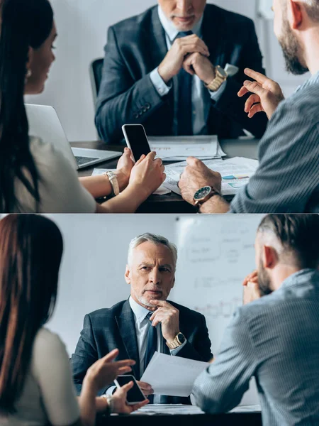 Collage de empresarios con smartphone hablando con inversionistas maduros cerca de documentos en oficina - foto de stock