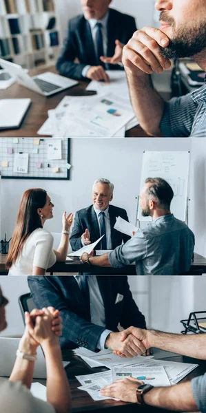 Collage eines lächelnden Investors beim Händeschütteln mit Geschäftsmann in der Nähe von Zeitungen und Geschäftsfrau im Amt — Stockfoto