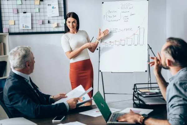 Smiling businesswoman pointing at flipchart with graphs near investor and colleague with laptop on blurred foreground — Stock Photo