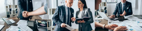 Collage of smiling businesswoman showing notebook at investor and businessmen shaking hands in office, banner — Stock Photo