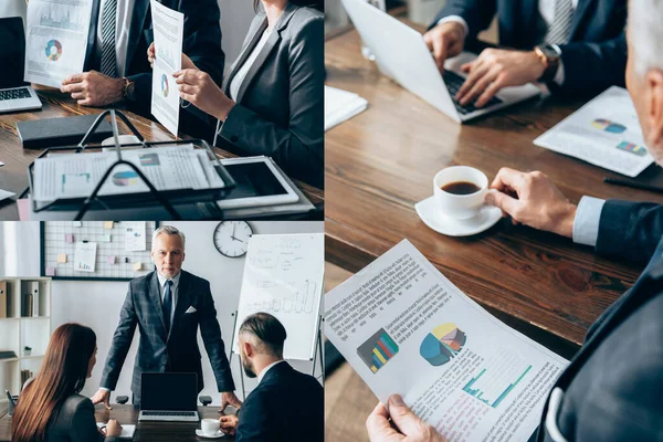 Collage de inversores de pie cerca de la computadora portátil y socios de negocios que trabajan con papeles en la oficina - foto de stock