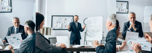 Collage eines lächelnden Geschäftsmannes mit Yah-Geste in der Nähe von Flipchart und Arbeit mit Papieren und Kollegen im Büro, Banner — Stockfoto