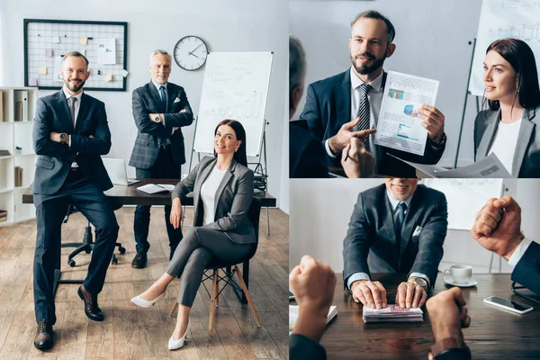 Collage de gens d'affaires souriant à la caméra, travaillant avec des papiers et tenant de l'argent au bureau — Photo de stock