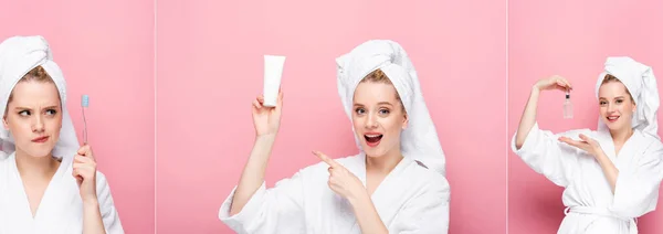 Коллаж молодой женщины в халате с полотенцем на голове с зубной щеткой, сывороткой и кремом для рук изолированы на розовый, баннер — стоковое фото