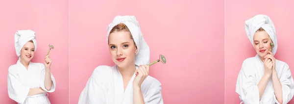 Colagem de jovem mulher em roupão de banho com toalha na cabeça e jade rolo isolado em rosa, banner — Fotografia de Stock