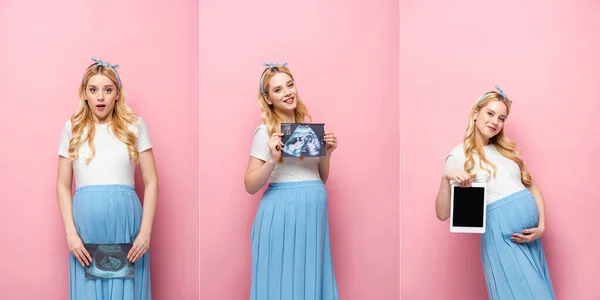 Collage de mujer embarazada joven rubia con ultrasonido de bebé y pizza y tableta digital sobre fondo rosa - foto de stock