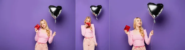 Collage of blonde young woman holding heart shaped balloon and gift on purple background, banner — Stock Photo