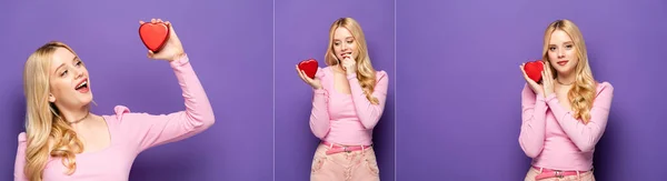Collage of blonde young woman holding red heart shaped box on purple background, banner — Stock Photo