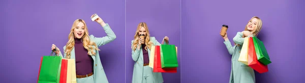 Collage di felice bionda giovane donna in giacca turchese alla moda con borse della spesa, carta di credito e tazza di carta su sfondo viola, banner — Foto stock