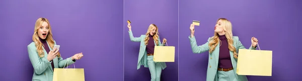 Colagem de feliz loira jovem na moda blazer turquesa com cartão de crédito, smartphone e saco de compras no fundo roxo, banner — Fotografia de Stock