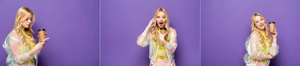 Collage of emotional blonde young woman in colorful outfit with paper cup talking on smartphone on purple background, banner — Stock Photo