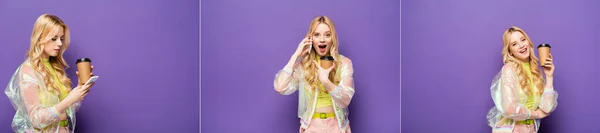 Collage de mujer joven rubia emocional en traje colorido con taza de papel hablando en el teléfono inteligente sobre fondo púrpura, bandera - foto de stock