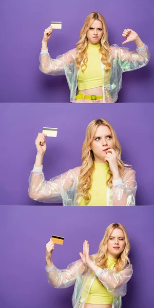 Collage of emotional blonde young woman in colorful outfit showing credit card on purple background — Stock Photo