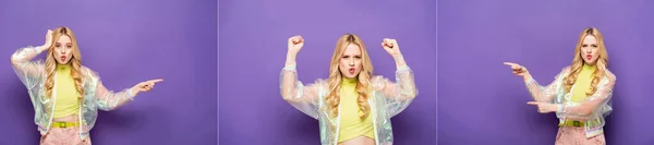 Collage of emotional blonde young woman in colorful outfit pointing with fingers on purple background, banner — Stock Photo