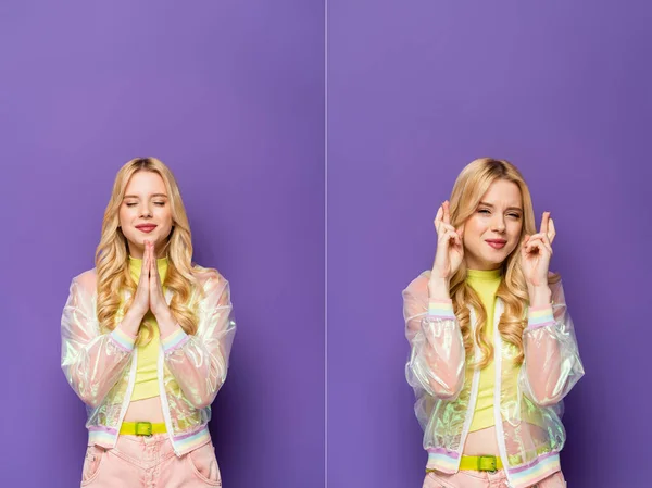 Collage of blonde young woman in colorful outfit with crossed fingers and praying hands on purple background — Stock Photo