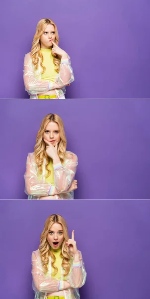 Collage of pensive and amazed blonde young woman in colorful outfit on purple background — Stock Photo