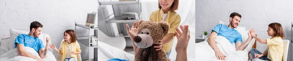 Collage of girl visiting father in hospital and holding teddy bear, banner — Stock Photo