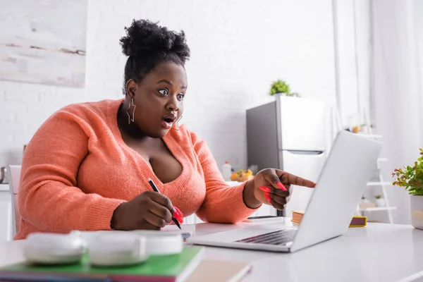 Shocked african american plus size freelancer pointing with finger at laptop — Stock Photo