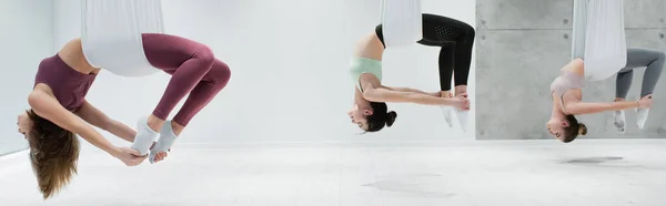 Mujeres jóvenes deportivas que practican yoga aéreo en hamacas, pancarta - foto de stock