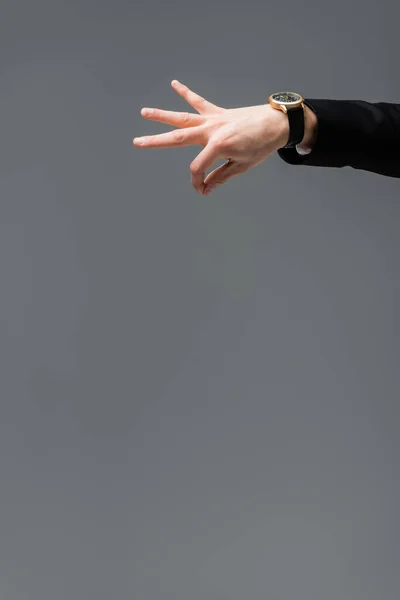 Partial view of businessman in wristwatch holding something with fingers isolated on grey — Stock Photo