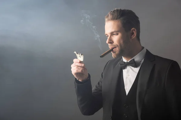 Elegant businessman holding burned dollar banknote while smoking cigar on grey background with smoke — Stock Photo