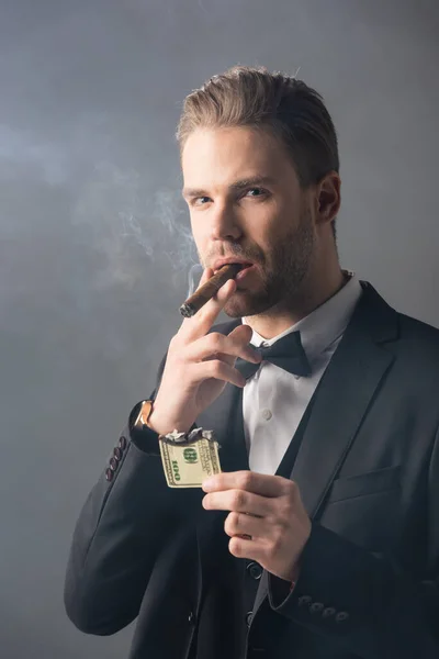 Rich businessman smoking cigar while holding burned dollar banknote on grey background with smoke — Stock Photo