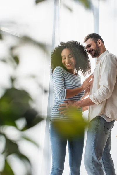 Cheerful multiethnic couple hugging near plant on blurred foreground — Stock Photo