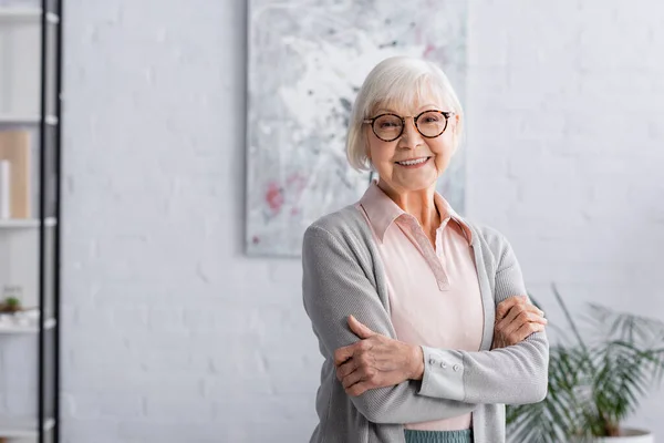 Mujer anciana sonriente con anteojos mirando a la cámara - foto de stock